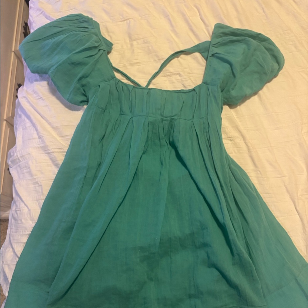 Free People Aqua Dress with Puff Sleeves